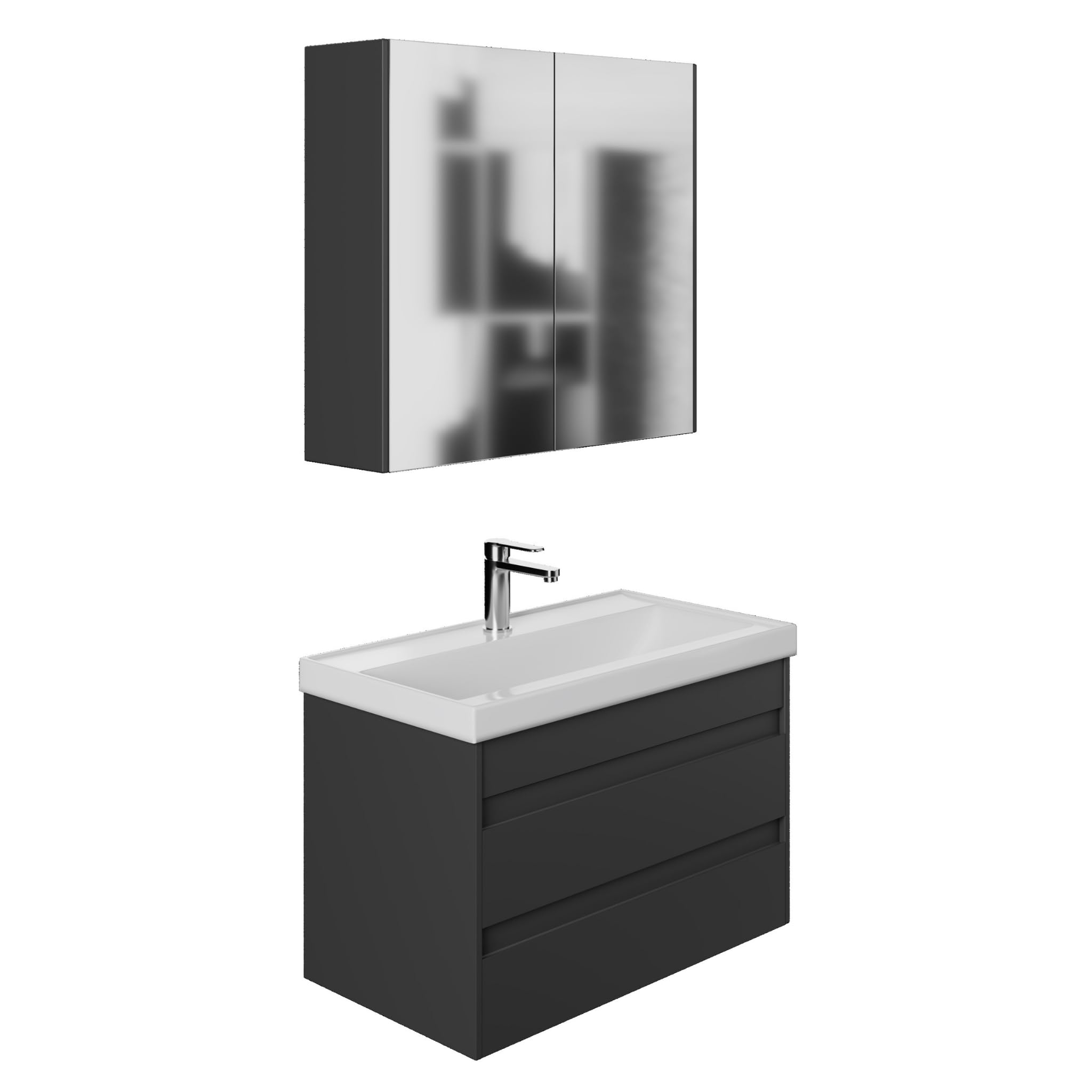 Badezimmermöbel Set Lara 80 Anthrazit | Keramikwaschbecken | Unterschrank | Spiegelschrank | Softclose-Schubladen & -Türen & unsichtbare Griffe | Moderner Stil | Badmöbel Waschtisch