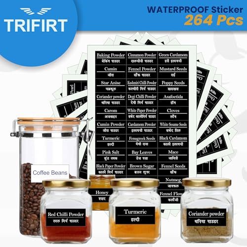 Image of Trifirt 264 Pre-Printed Masala Jar Labels | Waterproof Hindi & English Spice Stickers | 4 Sheets Self-Adhesive Labels for Kitchen Containers, Jars, Bottles, Spice Rack & Pantry Organizer