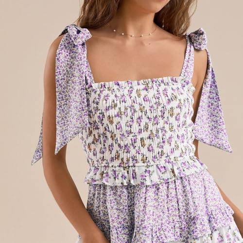 Image of Women Y2K Tie Shoulder Mini Dress Bow Babydoll Ruffle Short Dress Summer Boho Floral Flowy Beach Sundress