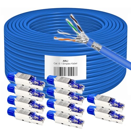 ARLI 100m Cat8.1 Verlegekabel + 10x RJ45 Netzwerkstecker Werkzeuglose Montage bis zu 40 Gbit/s & 2000 MHz S/FTP doppelt geschirmt LSZH halogenfrei PoE+ & Multimedia Ethernet Netzwerkkabel Cat8