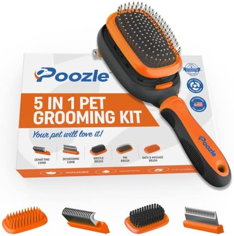 Poozle 5 in 1 Pet Grooming Kit. Interchangeable Pet Bath & Massage brush, Dematting & Deshedding comb, Bristle brush and Pin Brush. Professional quality.