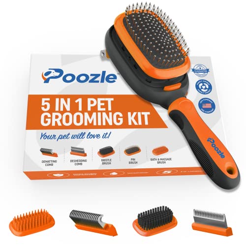 Poozle 5 In 1 Pet Grooming Kit. Interchangeable Pet Bath & Massage Brush, Dematting & Deshedding Comb, Bristle Brush And Pin Brush. Professional Quality. #TOP15