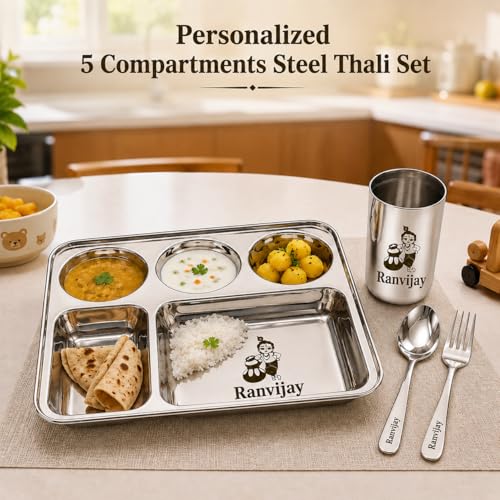 Image of Savri Personalized Printed Stainless Steel Five Compartment Rectangular Dinner /Pav Bhaji Plate With Spoon & Fork With Name & Design Engraved.Best For Return Gift, Schools (5 Compartments)