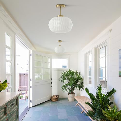 Image of Semi Flush Mount Ceiling Light Fixture Gold Brass Ceiling Light with White Striation Glass Shade Mid Century Modern Ceiling Light for Hallway Living Room Bedroom