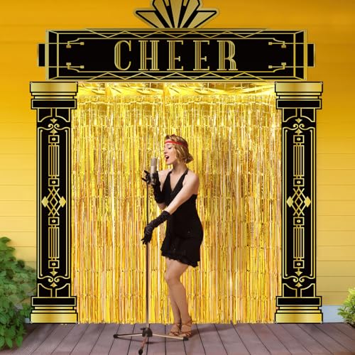 Image of Tingjoo 6 Pcs Roaring 20s Party Decorations Set Black and Gold Door Cover Banner with Gold Tinsel Fringe Curtain Backdrop 1920s Birthday Speakeasy Awards Night Vintage Jazz Flapper Wedding Supplies