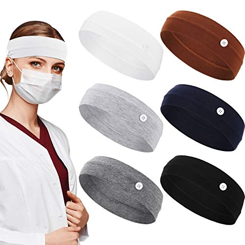 6 Pieces Headbands with Buttons Hairbands Button Headband Ear Protection Soft Headband Wide Non-slip Headband for Nurses Doctor Running Sports Travel Fitness (Multicolor)
