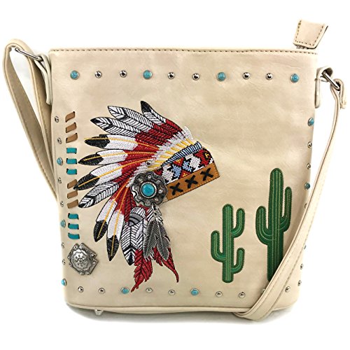 Justin West Native American Chieftain Cactus Feathers Embroidered Studded CCW Concealed Carry Shoulder Purse Handbag (Beige messenger only)