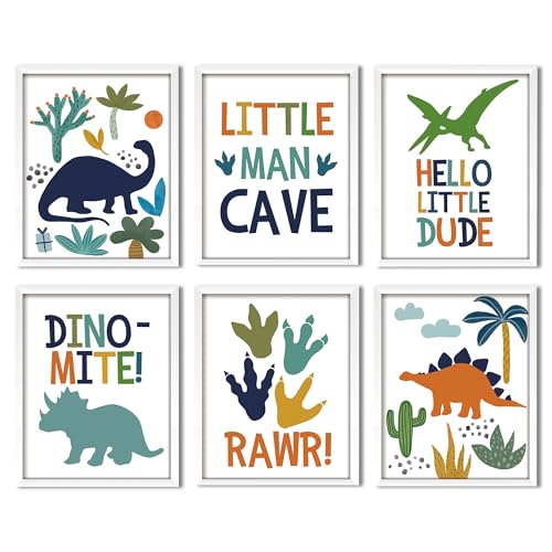 Image of ArtbyHannah 6 Pack Dinosaur Nursery Decor,Framed Dinosaur Wall Art for Boys Room, Cute Baby Bedroom Wall Decoration, Kids Playroom Framed Pictures 8x10 Inch, Ready to Hang