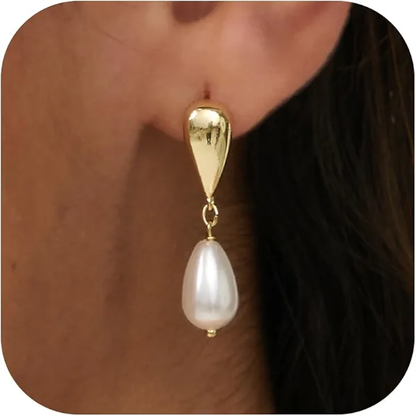 GUOKE Pearl Earrings for Women - 14K Gold/White Gold Plated Drop Dangle Pearl Wedding Earrings for Brides, Elegant Bridal Studs Trendy Jewelry