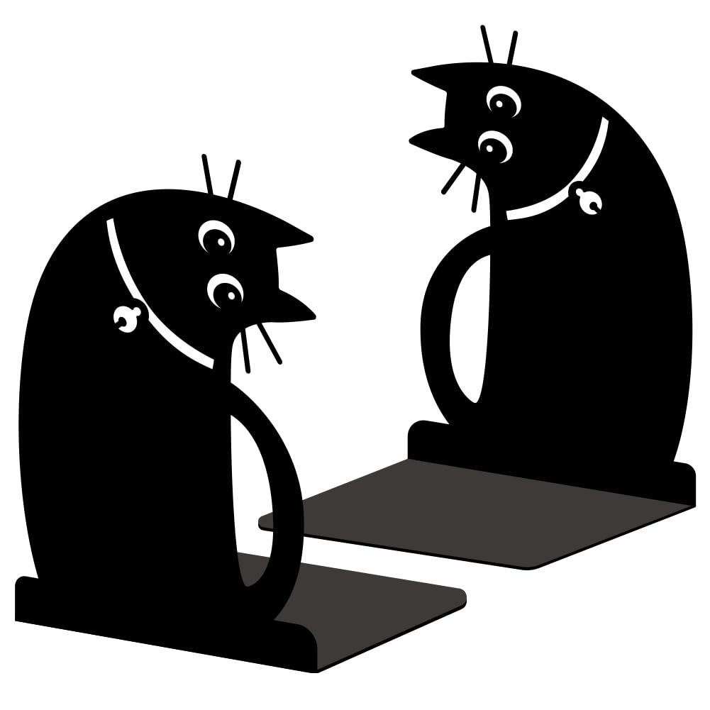 BEUNITONE Cat Lover Metal Bookends, 2-Pack Front Facing Kitty Book Ends for Large Books, Cute Non-Slip Shelf Sitter for Home Office Decor