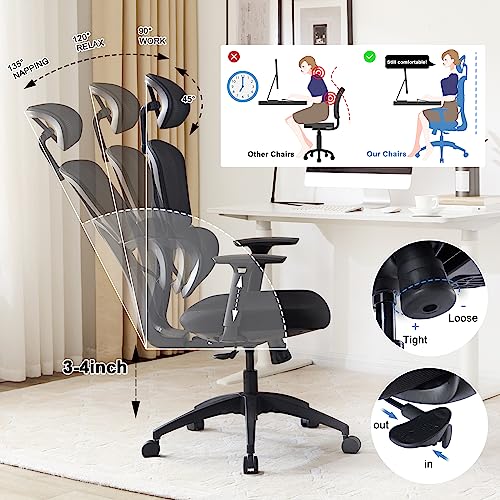 Ergonomic Mesh Office Chair Big And Tall, Oversized Adjustable Headrest And 3D Armrests Executive High Back Desk Chair, Multifunctional Swivel Computer Task Chair With Lumbar Support, Dark Black #TOP3