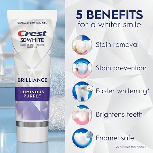 Image of Crest 3D White Brilliance Luminous Purple Teeth Whitening Toothpaste, 4.6 oz Pack of 3, Anticavity Fluoride Toothpaste, Fights 100% More Surface Stains, 24 Hour Active Stain Prevention
