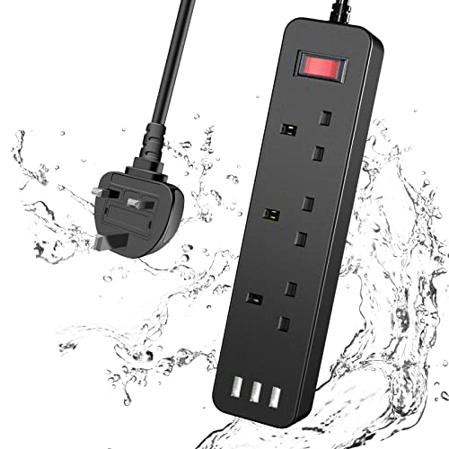 Extension Lead with USB, Waterproof Power Strip, 3 Way Outlets, 1.8M Cord