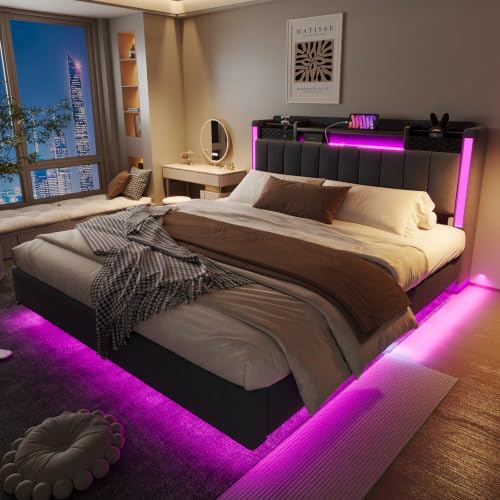 KOMHTOM Cama Suspendida Acolchada con Iluminación LED (Gris, 160x200cm)
