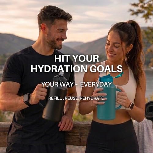 Image of AquaFlo 2 Litre Stainless Steel Bottle with 2 Lids, 24HR Hot & Cold Insulated Water Bottle 2 Litre, 2 LTR Gym Sipper Bottles with Straw, 2L Thermo Flask Steel Sipper Water Bottles for Adults (Black)