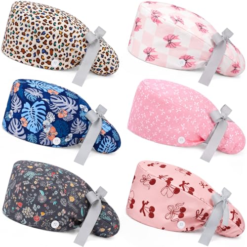 Image of 6 Pcs Scrub Cap Women Adjustable Nurse Cap with Button Bouffant Medical Surgical Hat Sweatband for Gift