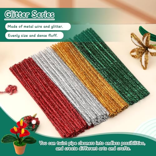 Image of Mnuizu Pipe Cleaners, 200 Pcs Glitter Pipe Cleaners Craft Creative Supplies | Fluffy Pipe Cleaner for Animals, Flowers, Bouquet Making, Room Festival Decorations DIY Art Projects, Glitter Green