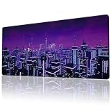 PastelMoon Gaming Mouse Pad Large with Stitched Edges, Anime City Mousepad, Extended Long Anti-Slip Mousepad, Cute Purple Mouse Pads for Keyboard and Mouse, 31.5 x 11.8 in