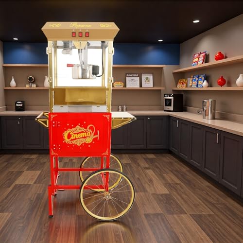 Image of 16 Oz Commercial Popcorn Machin with Cart, Vintage Theater Style Popcorn Cart, Bring Home the Fun with Theater Style Popcorn Machine, Red
