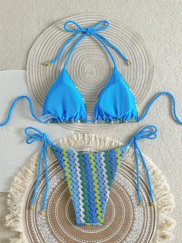Image of ZAFUL 2 Piece Triangle Bikini for Women Knitted Rope Halter Bikini Sets Sexy Bathing Suit Side Tie Swimsuits Beachwear