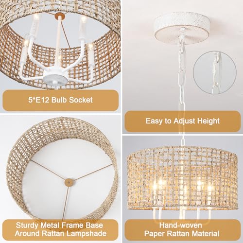 Rattan Chandelier 5-Light Farmhouse Boho Pendant Light Fixture for Dining Room Brown and White Woven Chandeliers for Ceiling Light,Bedroom,Living Room,Foyer,Kitchen Island,Coastal,Stairway,Hallway - Image 3
