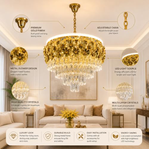 Image of Elegant Chandelier Ceiling Light for Living Room Hanging Pendant Light | Italian K9 Crystals | Metal Frame | Adjustable LED Light-Pack of 1 (Chandelier-Floral-500MM-Gold)