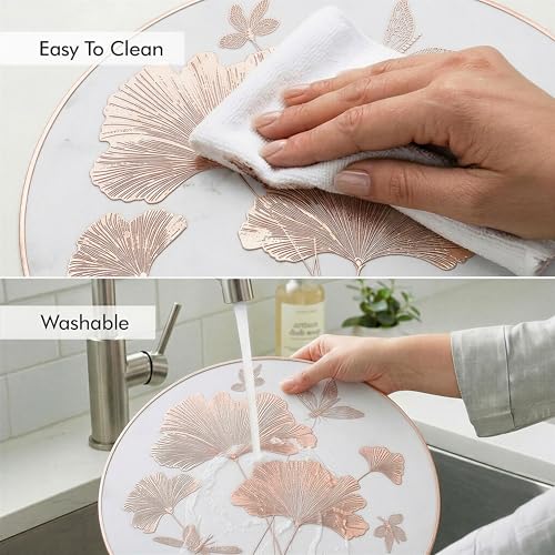 Image of Yellow Weaves 2 Pcs PVC Round Table Placemats, Dining Table Mat, Stain Resistant, Anti-Skid, Waterproof, Washable, Dining, Kitchen, Restaurant Table Set Easy to Clean, Durable (Leaf Rose Gold)
