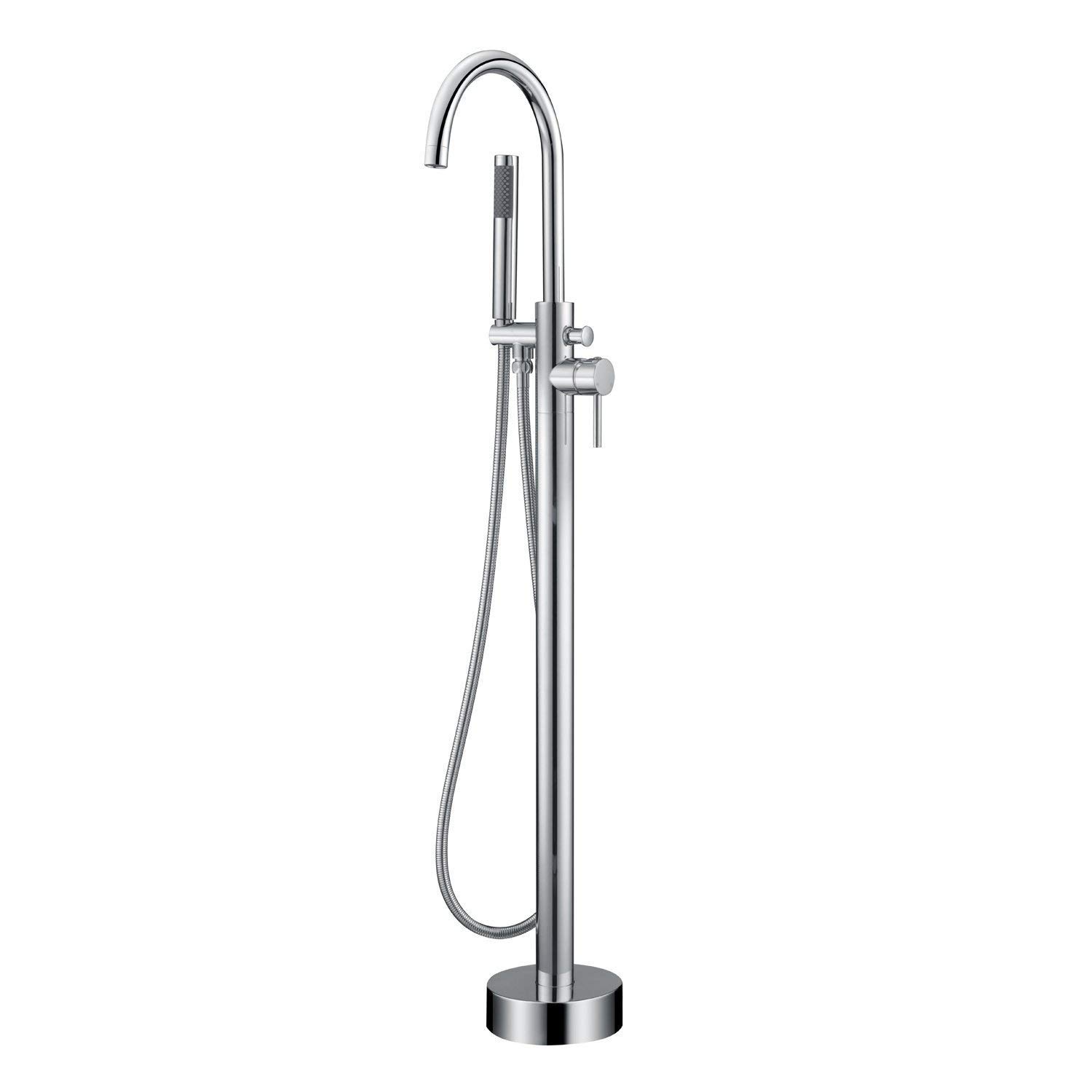 CWCQGH Freestanding Bathtub Faucet Solid Brass Tub Filler Bathtub Faucet Single Handle Floor Mounted Faucets with Handheld Shower Roman Tub Faucet Set,Chrome,Chrome