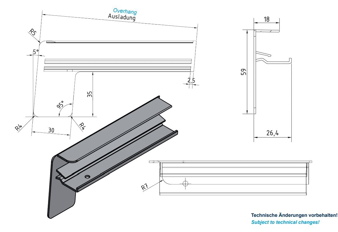 Aluminium Fensterbank silber EV1 195 mm (Gleitabschluss, 500 mm)