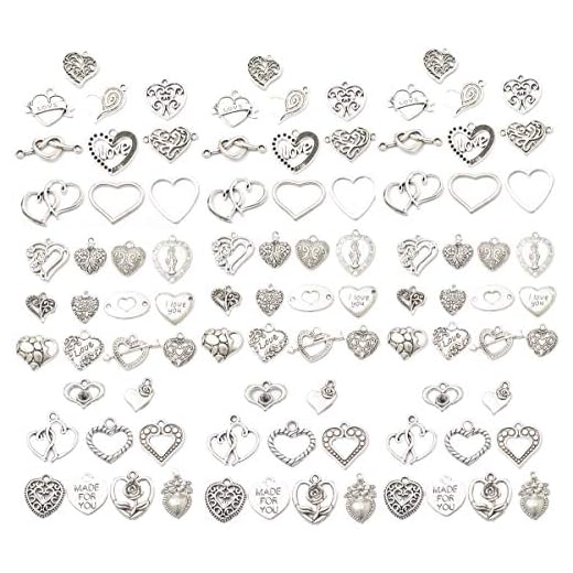 Assorted 93pcs Heart Shaped Alloy Pendants Love Wine Glass Charms Bracelet Necklace Beads Wine Glass Charms for Jewelry Making Birthday Christmas Valentine's Gift