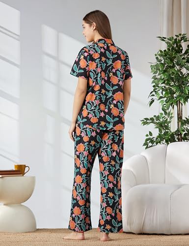 Image of Amazon Brand - Myx Women Cotton Shirt and Relaxed Pajama Set | Night Suit Set (Available in Plus Sizes)