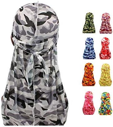 Sejardin Colorful Military Camouflage Waves Long Tail Caps Bandana Turban Silky Durag Headwraps for Men and Women