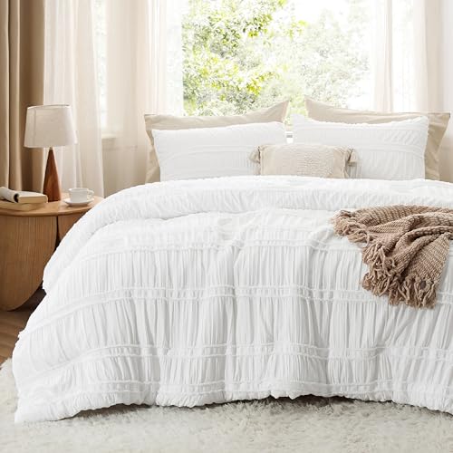 Image of Bedsure Boho Queen Comforter Set - White Waffle Weave Bedding Comforter Sets, Soft Breathable Lightweight Bed Set for All Season, 3 Pieces, 1 Puffy Comforter and 2 Pillowcases