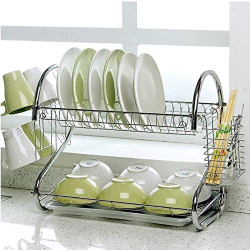 Set di scolapiatti a Forma di S Piatto in Acciaio Inossidabile Cromato a 2 Livelli Portaposate Portatazze con Vassoio Cestello di Scarico in Acciaio Scaffale da Cucina