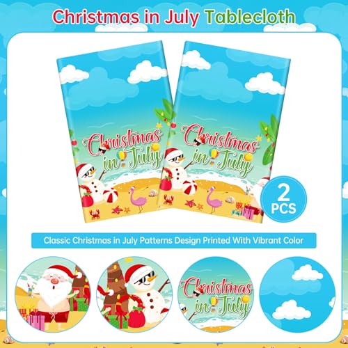Christmas in July Decorations Tablecloth, 2 Pcs Summer Xmas Table Cloth, 108 x54 Inch Disposable Plastic Christma Table Covers for Summer Beach Hawaiian July Christmas Party Supplie Decorations — view 4