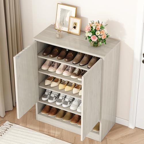 Image of Fluted Shoe Cabinet with Doors, 2 Pieces 41 inch Tall Entryway Shoe Organizer Cabinet with Adjustable Shelves, 5-Tier Modern Wood Free Standing Shoe Rack for Hallway, Living Room, Closet, Grey