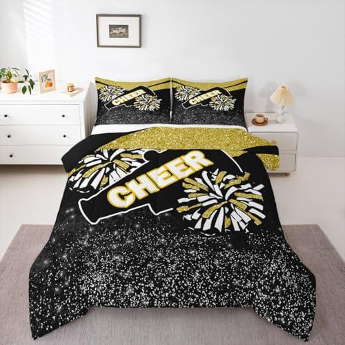 Image of Feelyou Yellow Glitter Cheer Comforter Set Toddler Size Dreamy Girly Gymnastic Sports Comforter for Kids Boys Girls Gymnastics Lovers Bedding Set Cheer Sports Duvet Set Room Decor Quilt