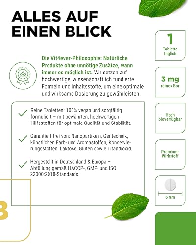 Vit4ever Boron - 3 mg reines Bor je Tablette - 365 Tabletten im Jahresvorrat - Ohne unnötige Zusätze - Hochdosiert - Vegan