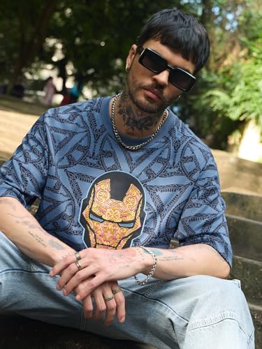 Image of The Souled Store Marvel Indie: Logo Men and Boys Short Sleeves Round Neck Embroidered Drop Shoulder Baggy Casual Streetwear Superheroes Inspired Cotton Super Oversized T-Shirt
