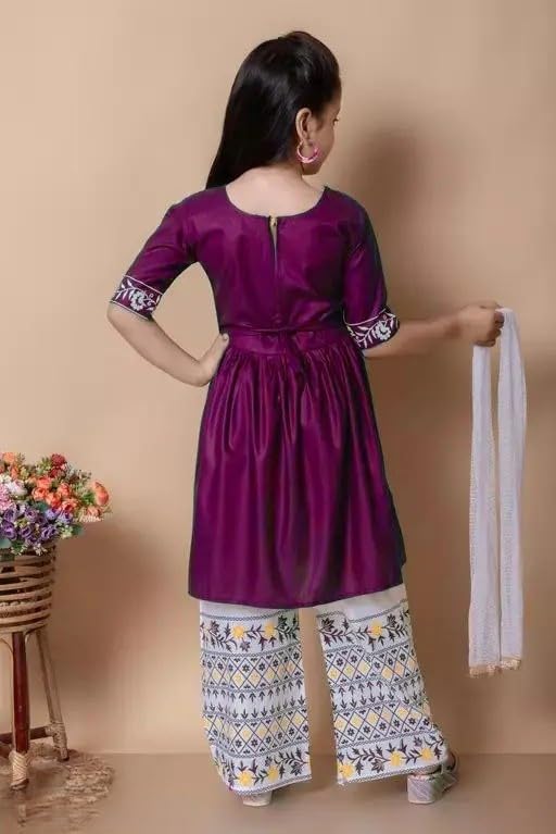 Image of Girls Traditional Embroidered Kurta Palazzo Set, Green and White, Floral Design, Half Sleeves