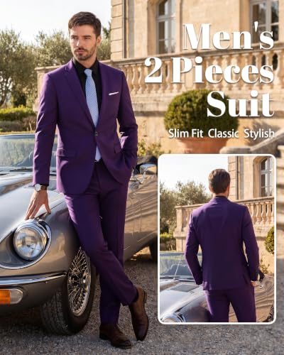Image of Hihawk Men's 2 Piece Suit with Tie, One Button Slim Fit Solid Jacket & Pants Set, Suits for Men Party Wedding Prom & Business