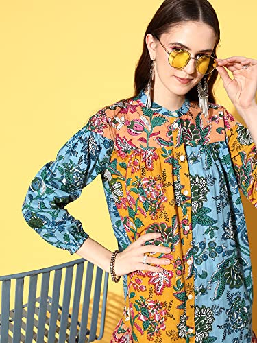 Image of Indo Era Women's Cotton Floral Printed Midi A-Line Ethnic Dress