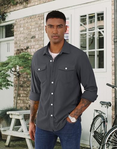 EKLENTSON Men's Corduroy Jackets Button Up Shirt Long Sleeve Ribbed Shacket Lightweight Shirt Jacket with Chest Pockets4