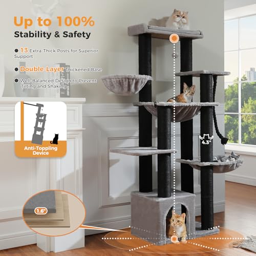 Image of MUTTROS Large Cat Tree-67 Maine Coon Cat Tower for Indoor Cats Large Adult with 7 Thick Black Scratching Posts (φ4.3), Multi-Level Condo, Big Perch & Hammocks -Black