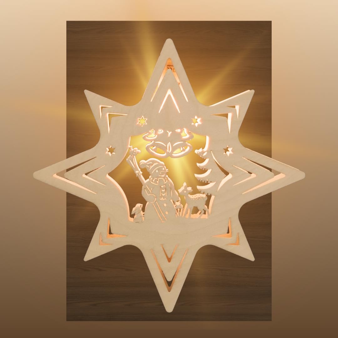 WEIGLA - Fensterbild original Erzgebirge Stern Schneemann I Weihnachtsdeko Fenster I 1 Lampe I 7 W, E14 I Fensterbild Weihnachten I Weihnachtsbeleuchtung aus Holz I Fensterdeko hängend