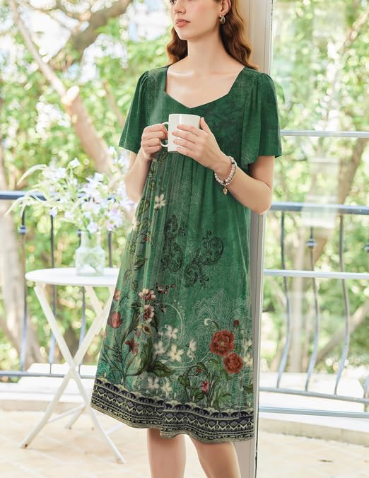 Image of Ekouaer Women's House Dress - Pleated Nightgown with Short Sleeves & Pockets