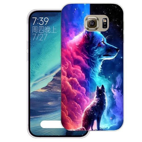 WUACYEAMING Carcasa para Móvil Compatible con Samsung Galaxy S6 Ultrafina Delgado Cover Transparente TPU Silicona Antigolpes Anti arañazos Bumper Caso para Case (Lobo)