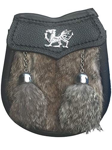AAR Scottish Boys Brown Sporran Leather Fur Kilt Welsh Dragon 2 Tassels Belt Chain