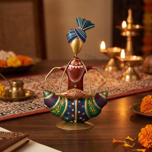 Image of Rajasthani Mini Sardar Musician Showpiece with Dholak Instrument, Metallic Traditional Table Decor Item for Corporate Bulk Gifting and Office Desk Ornament (2x10x16 cm)