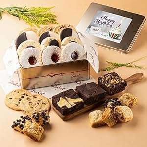 Dulcet Gift Baskets Happy Birthday Assortment Tin Box-Delicious Gourmet Confection Gift Set – Variety Of Freshly Baked Cookies, Brownies & Rugelah In Many Flavors- Handmade Baked Goods Gift Box